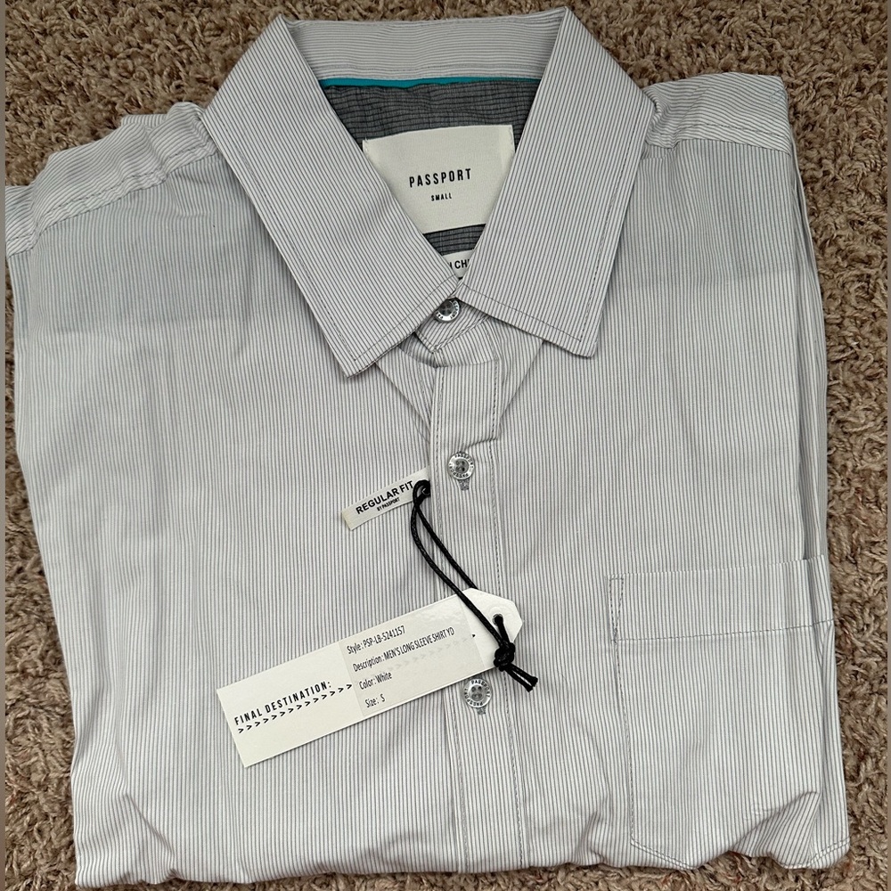 NWT- PASSPORT Men's Shirt Size Small Gray White Stripe Button Up Long Sleeve